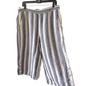 Madewell Striped Wide Leg Cropped Linen Blend Pants XL Blue White Button Hem